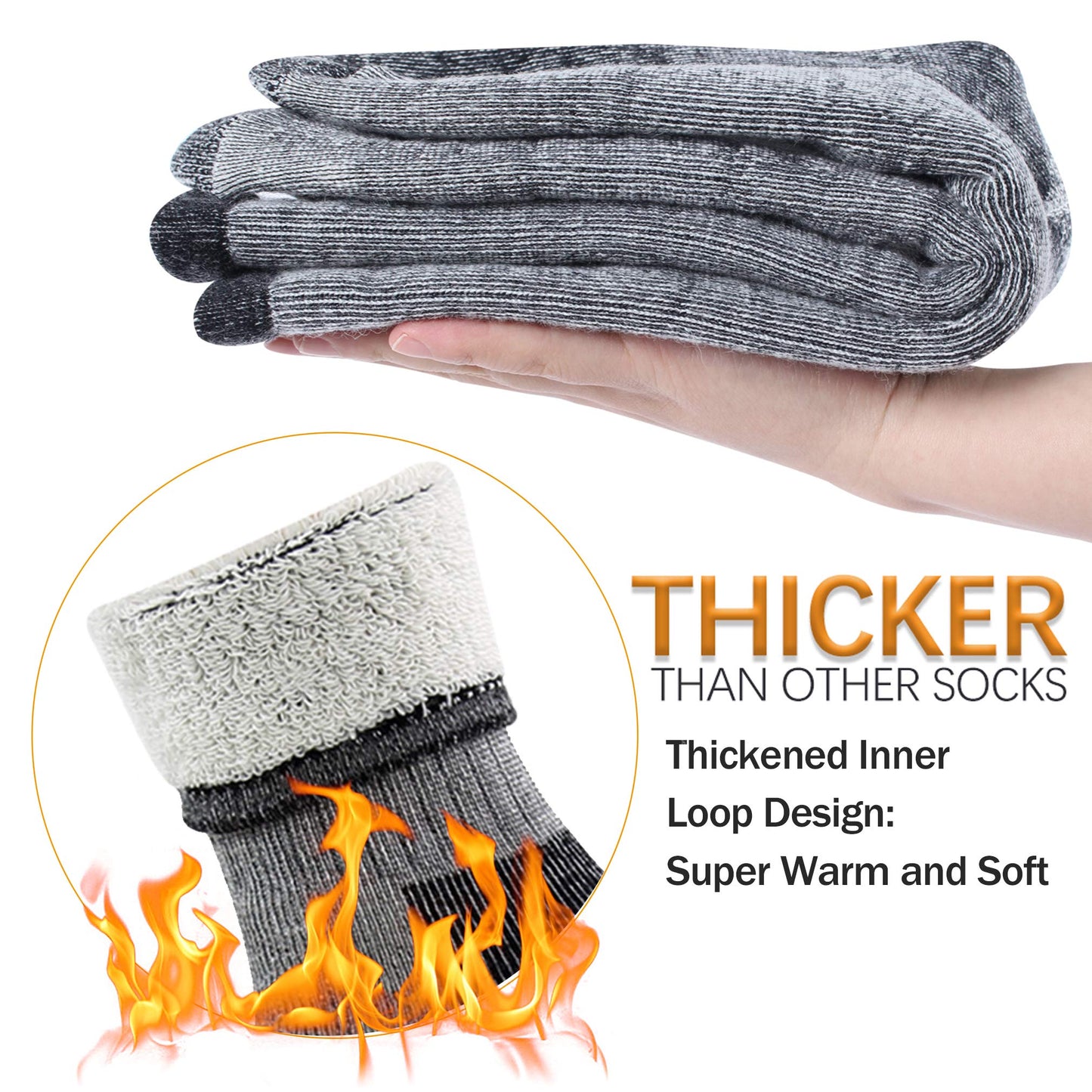 RTZAT Mens 50% Merino Wool Ankle Work Hiking Camping Cushioned Premium Thermal Thick Crew Socks, Medium, 4 Pairs, Black