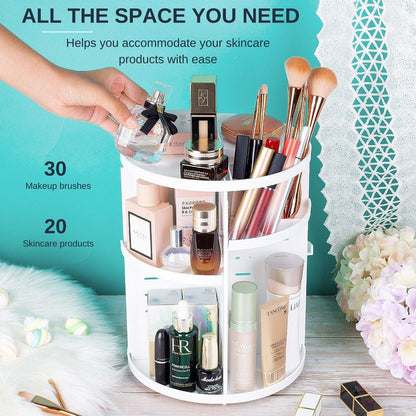 UPDATE: DEAD! EYCIO 360 Rotating Makeup Organizer, Makeup Spinning Organizer Rotating Organizer Desk for White Makeup Holder Lazy Susan Organizer Dresser White Makeup Holder- 7 Adjustable Layers with 4 Trays