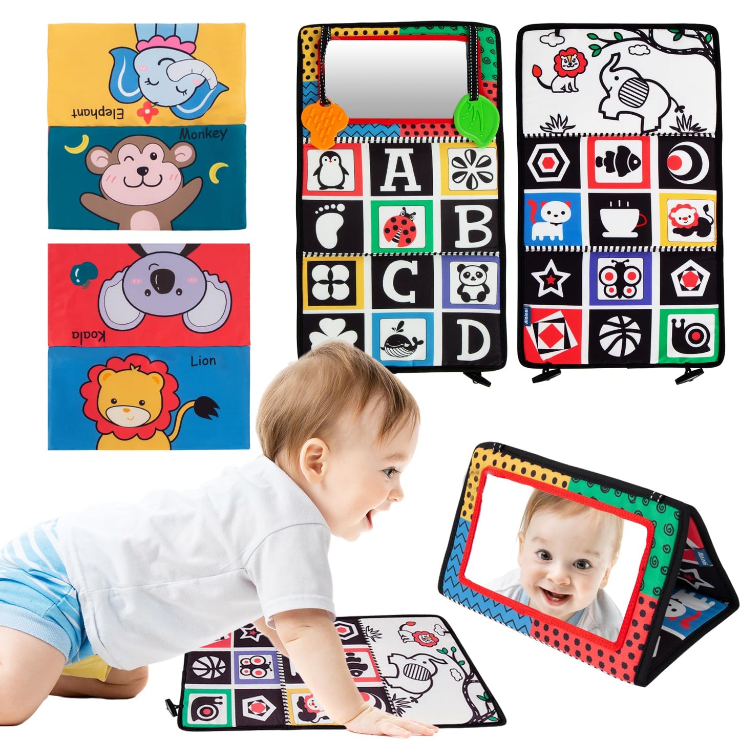 Tummy Time Baby Mirror Toys High Contrast Activity Montessori Brain Developmental Newborn Toys with Sensory Crinkle Books and Teethers Infant 0-3-4-6-12 Months Old Boys Girls Travel Gift