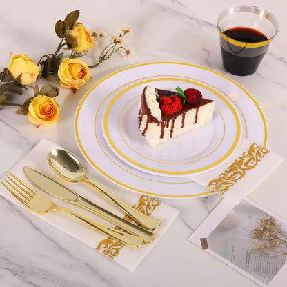 Oridom 350 Pieces Gold Disposable Plates Set for 50 Guests, Gold Rim Plastic Plates for Party, Include 50 Dinner Plates, 50 Dessert Plates, 50 Paper Napkins, 50 Cups, 50 Gold Silverware Set