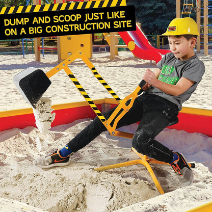 stargo Sand Digger Kids Excavator Ride on Toy, Beach Toys Outdoor Sandbox Toy Digger for Kids, Solid Steel Rotates 360, Hard Hat for Role Play, Sand Toys