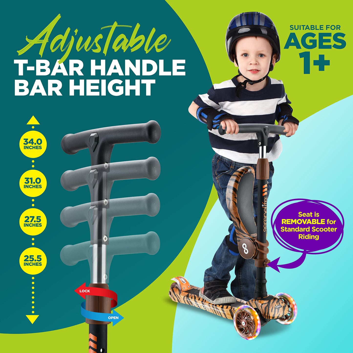 SereneLife 3 Wheeled Scooter for Kids - 2-in-1 Sit/Stand Child Toddlers Toy Kick Scooters w/ Flip-Out Seat, Adjustable Height, Wide Deck, Flashing Wheel Lights, Great for Outdoor Fun - SLKSTIG (Tiger)
