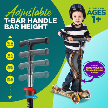SereneLife 3 Wheeled Scooter for Kids - 2-in-1 Sit/Stand Child Toddlers Toy Kick Scooters w/ Flip-Out Seat, Adjustable Height, Wide Deck, Flashing Wheel Lights, Great for Outdoor Fun - SLKSTIG (Tiger)