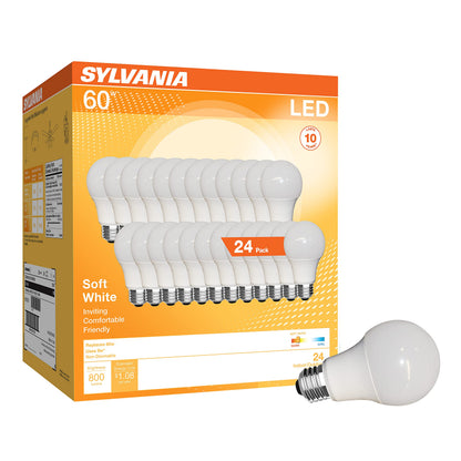 SYLVANIA LED A19 Light Bulb, 60W Equivalent, Efficient 9W, CEC Compliant, 10 Year, Non-Dimmable, 2700K, 800 Lumens, 90 CRI, Soft White - 24 Pack (Package May Vary)