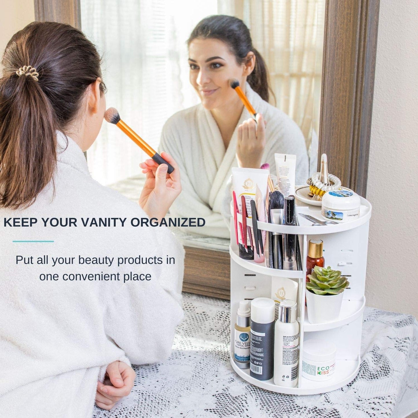 UPDATE: DEAD! EYCIO 360 Rotating Makeup Organizer, Makeup Spinning Organizer Rotating Organizer Desk for White Makeup Holder Lazy Susan Organizer Dresser White Makeup Holder- 7 Adjustable Layers with 4 Trays
