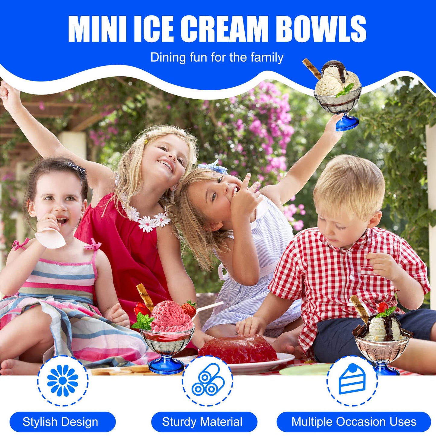 Romooa 12 Pack Acrylic Ice Cream Bowls 8 oz Clear Dessert Cups Footed Ice Cream Bowl for Sundae Salad Snack Cocktail Condiment Trifle Holiday Party