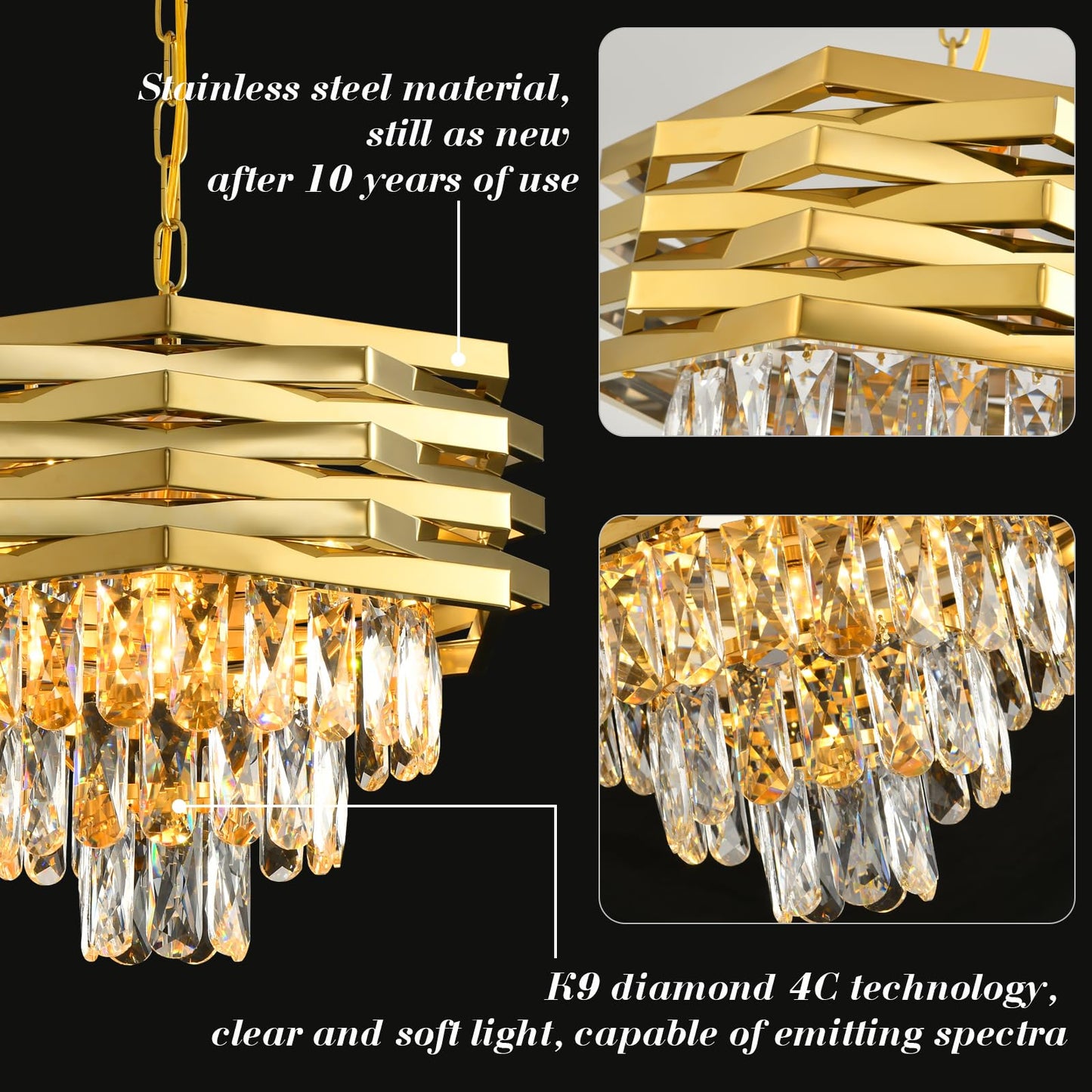 Gold Crystal Chandelier 15.7" Round Modern Crystal Chandeliers for Dining Room K9 3-Tiers Ceiling Pendant Light Fixtures Large Flush Mount Chandelier for Living Room Entryway Foyer Bedroom Kitchen
