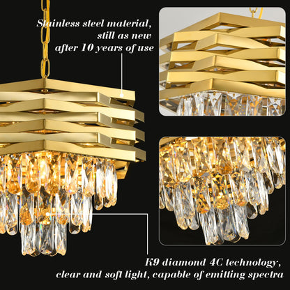 Gold Crystal Chandelier 15.7" Round Modern Crystal Chandeliers for Dining Room K9 3-Tiers Ceiling Pendant Light Fixtures Large Flush Mount Chandelier for Living Room Entryway Foyer Bedroom Kitchen