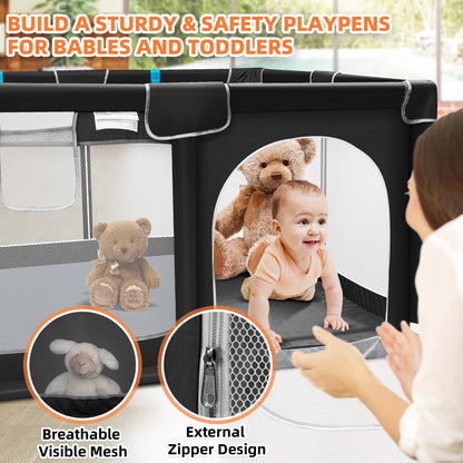 Suposeu Baby Playpen, Sturdy and Safety Playard with Soft Breathable Mesh, Indoor and Outdoor Baby Fence, Portable Playpen for Babies and Toddlers (50 Inch×50 Inch, Black)