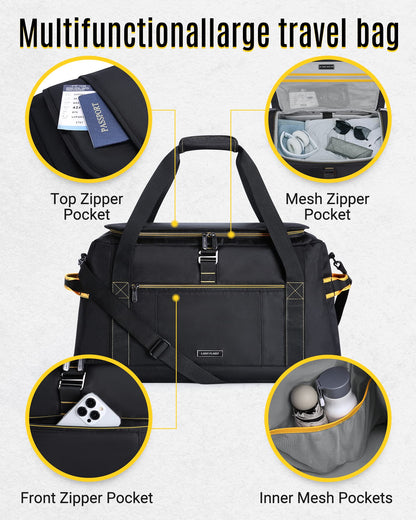 Carry on Bag, LIGHT FLIGHT 54L Large Travel Duffel Bags, Wide Open Weekender Overnight Bag, Heavy Duty Duffle Bag with Backpack Straps, Wet Pocket-Black