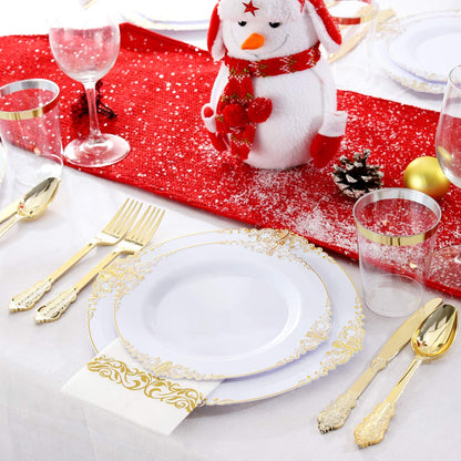 Nervure 350PCS White and Gold Plastic Plates & Pre Rolled Napkins with Plastic Cutlery for 50 Guests-Gold Disposable Plates, 150 Gold Plastic Silverware, 50Cups, 50Napkins for Wedding & Party