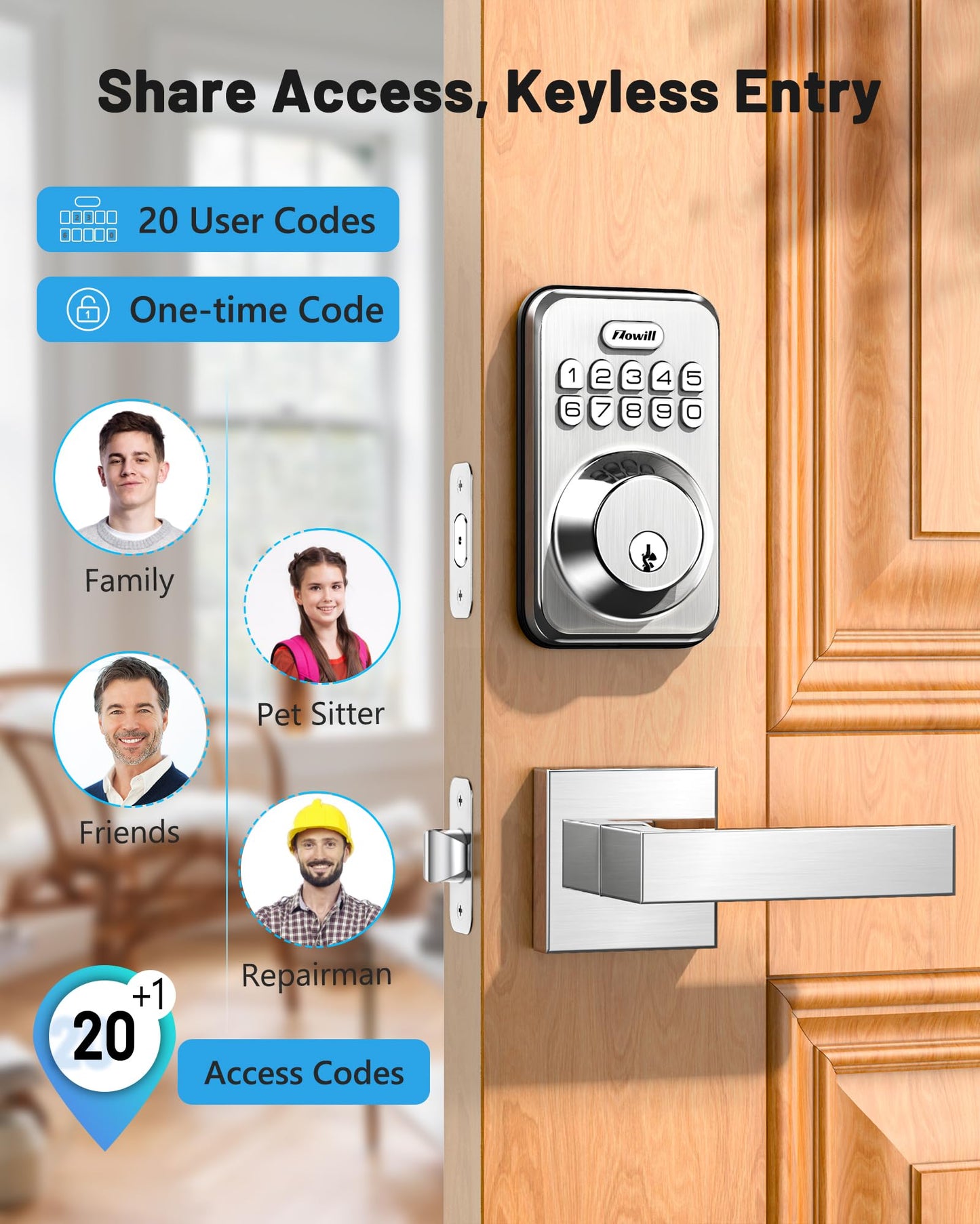 Zowill Keyless Entry Door Lock with 2 Lever Handles, Electronic Keypad Deadbolt, Auto-Locking, Anti-Peeping Password, Digital Smart Code Door Lock, Front Door Handle Sets, Satin Nickel