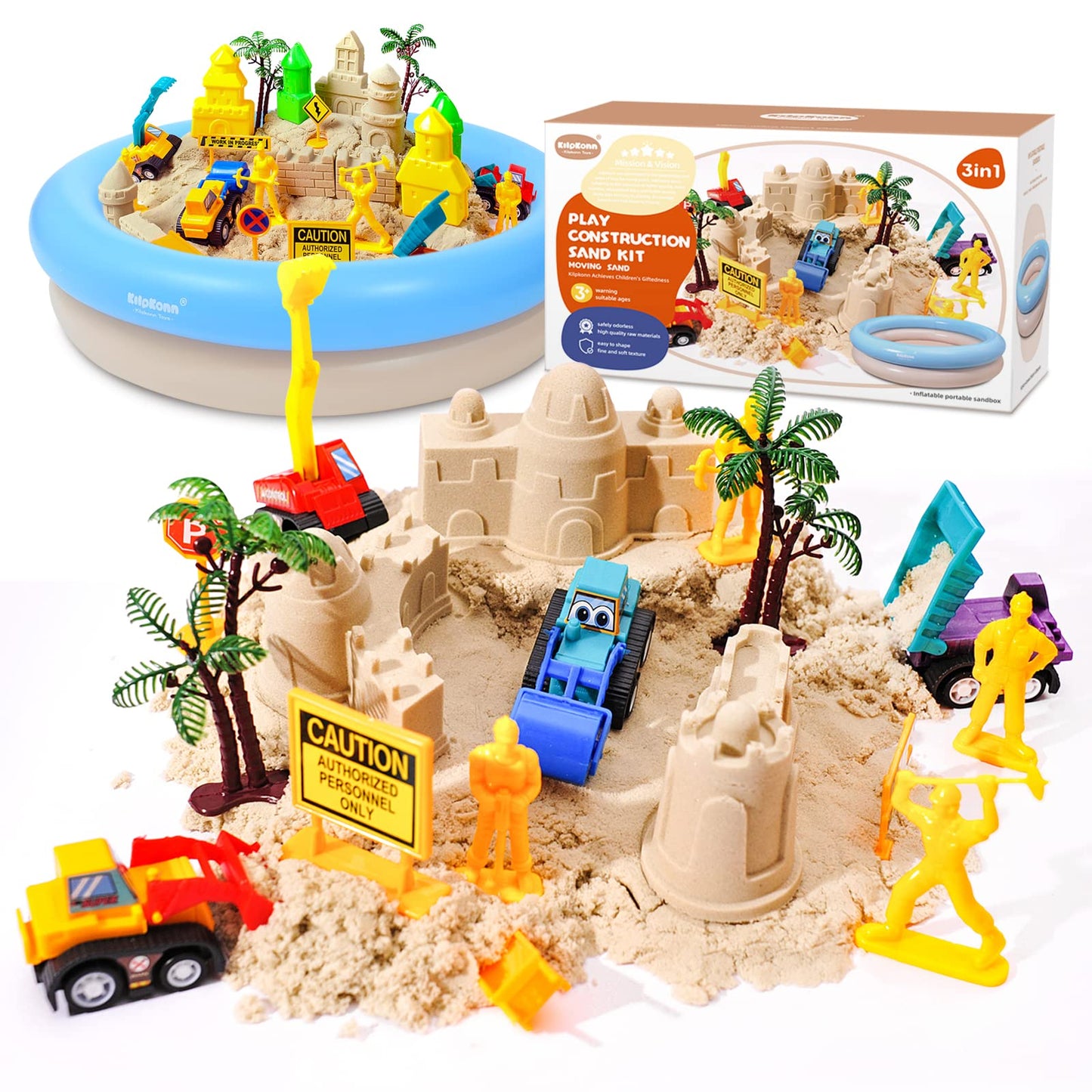 Play Sand Construction Set, 2.2Lbs Magic Sand, Construction Site Moldes Tools, Big Sand Tray, Play Sand Sensory Toys for Kids Toddlers Boys Girls