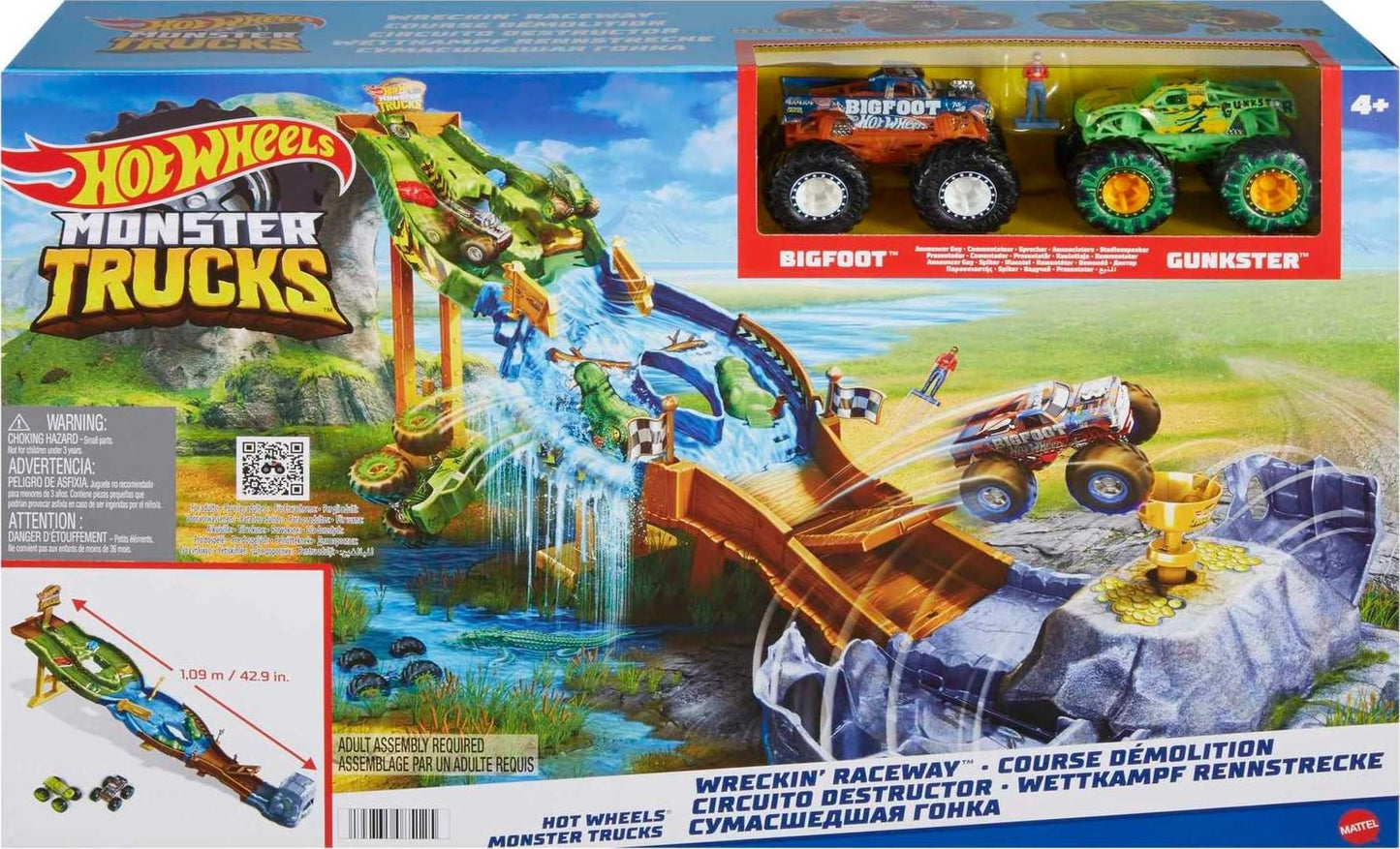 Hot Wheels Monster Trucks Wreckin' Raceway with 2 Toy Trucks: Bigfoot & Gunkster, Head-To-Head Race with Obstacles