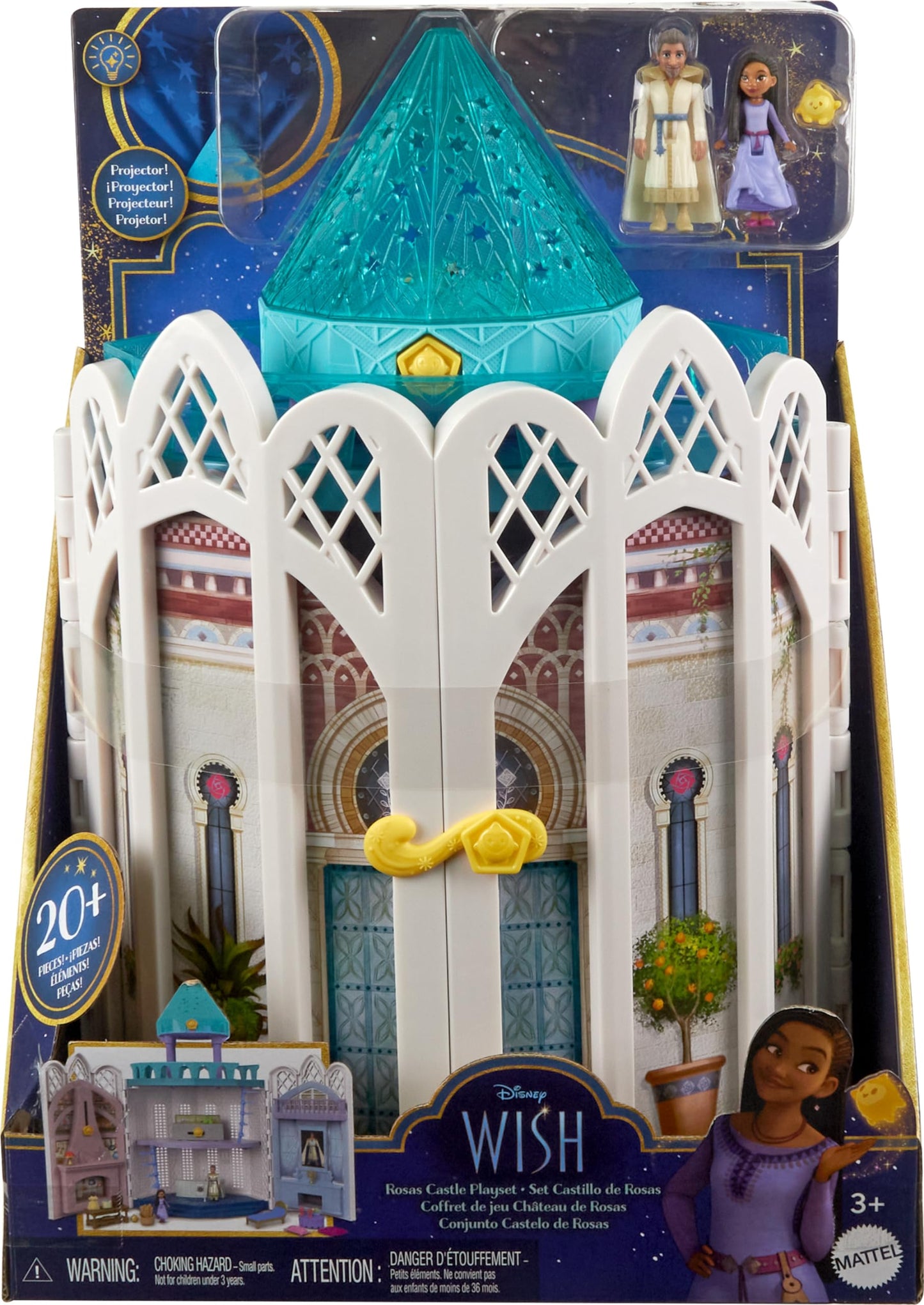 Mattel Disney Wish Rosas Castle Dollhouse Playset with 2 Posable Mini Dolls, Star Figure, 20 Accessories, Light-Up Projection Dome & More