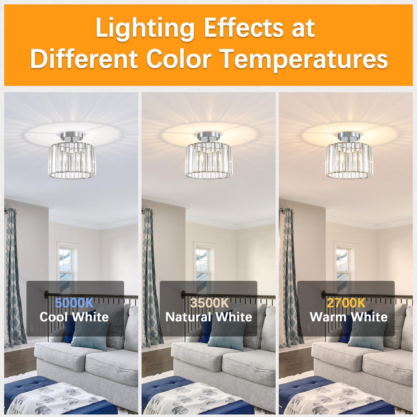 TSMKLEDAN Semi Flush Mount Ceiling Light, Modern Crystal Ceiling Light Fixture, 9.5 Inch Small Crystal Chandeliers for Living Room Hallway Bedroom Kitchen Porch Entryway with E26 Base, Silver