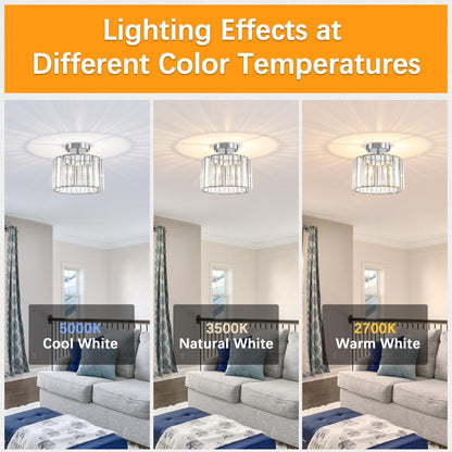 TSMKLEDAN Semi Flush Mount Ceiling Light, Modern Crystal Ceiling Light Fixture, 9.5 Inch Small Crystal Chandeliers for Living Room Hallway Bedroom Kitchen Porch Entryway with E26 Base, Silver