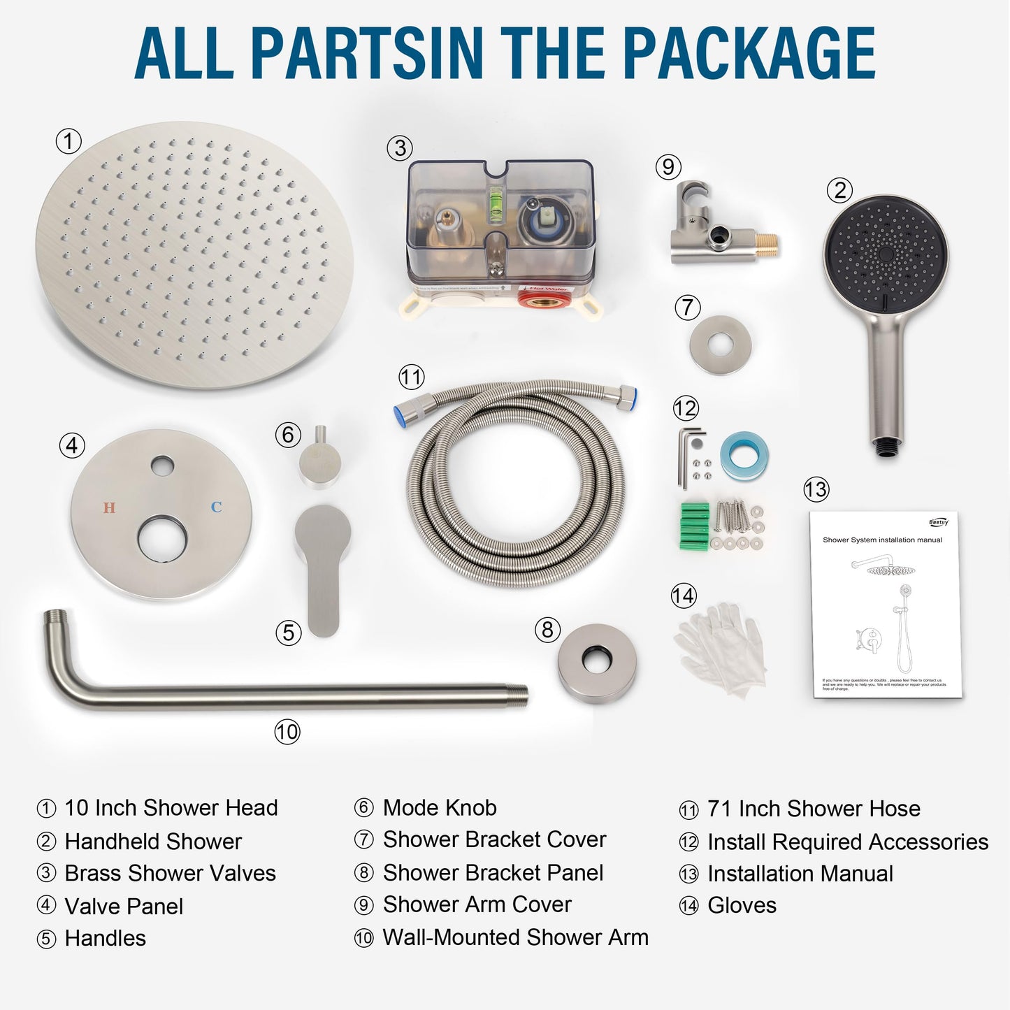Baetuy 10 Inch Shower Faucet Set, High Pressure Shower Head and Handheld 3 Jet Combo Kit, Bathroom Wall Mount Rain Shower System, Includes Valve and Bathroom Trim Kit, Brushed Nickel…