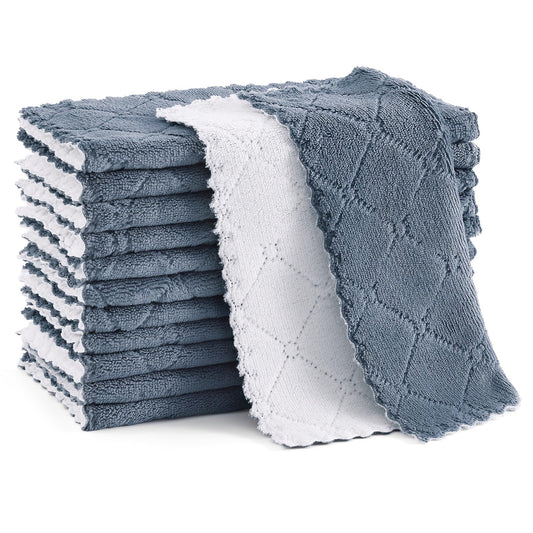 Mordimy 12 Pack Kitchen Cloths Dish Towels (10" x 10", Dark Grey & White), Super Soft and Absorbent Dish Cloths, Coral Velvet Microfiber Cleaning Cloth, Nonstick Oil Fast Dry Dishcloths