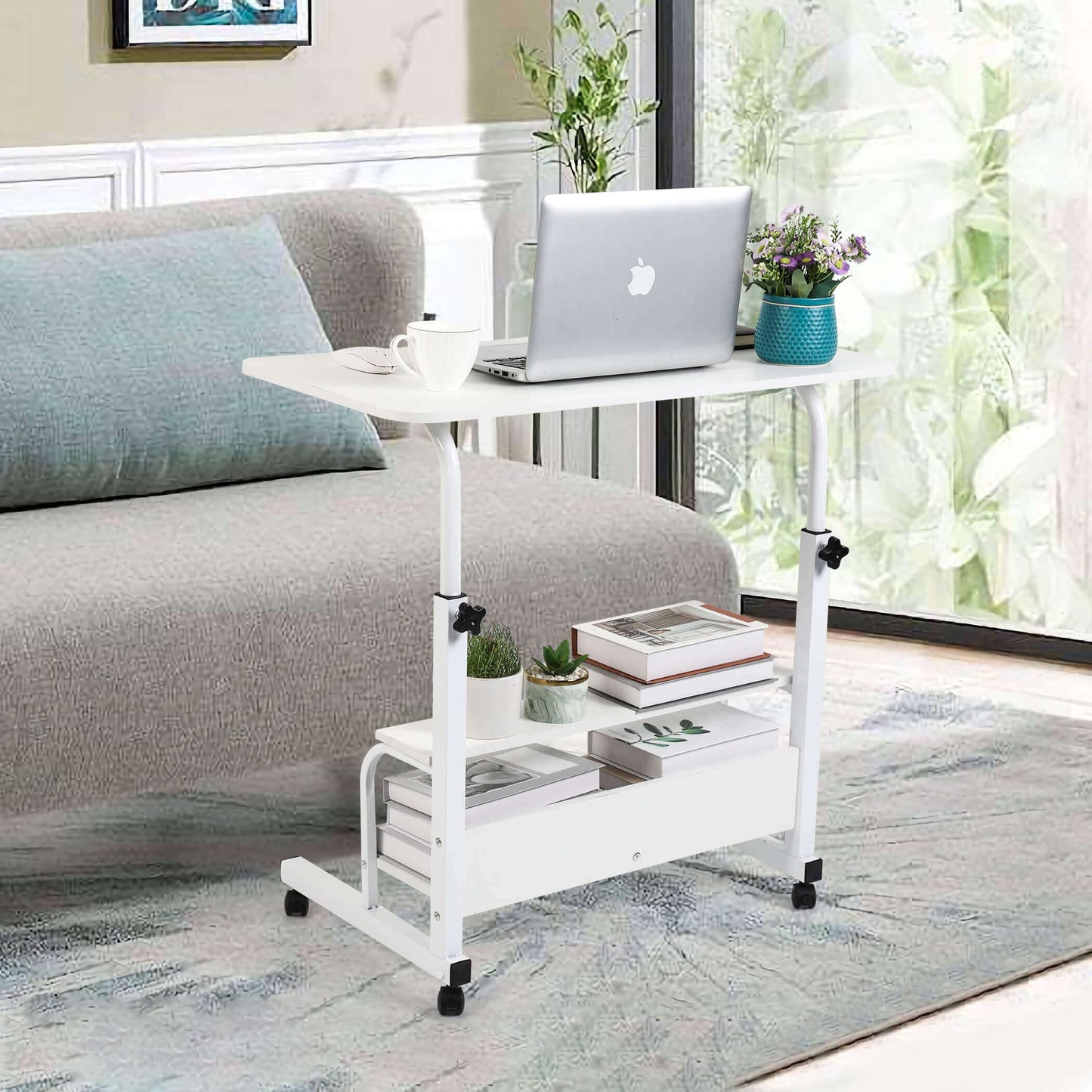 Bedroom Bedside Storage Rack Table Small Spaces Home Office Desk Height Adjustable Home Office Desk Multifunctional Table with Wheels Minimalist Portable Laptop Gaming Desk Size 15.7*31.5 Inch White