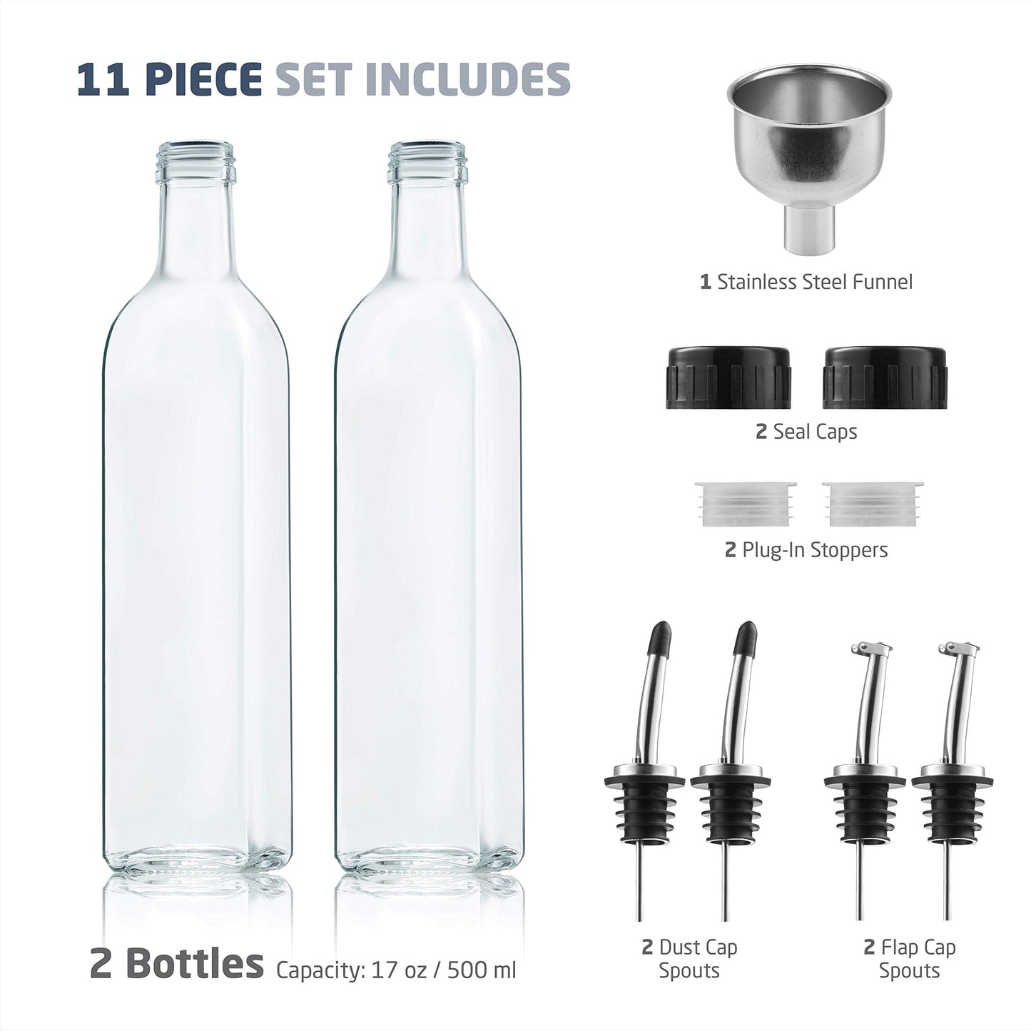 Superior Olive Oil Dispenser Set - Slim Design Oil and Vinegar Dispenser - Funnel For Easy Refill - Oil Dispenser Bottle For Kitchen With 4 Pouring Spouts and Labels - Glass Oil Bottle Set