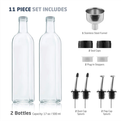 Superior Olive Oil Dispenser Set - Slim Design Oil and Vinegar Dispenser - Funnel For Easy Refill - Oil Dispenser Bottle For Kitchen With 4 Pouring Spouts and Labels - Glass Oil Bottle Set