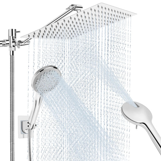 Anysig 10" rain shower head with handheld spray, rainfall shower head with 11" Adjustable Extension Arm, 5 Settings Handheld, Includes Holder/Hose,Built-in Power Wash, Dual Rainfall Shower Head, Chrom
