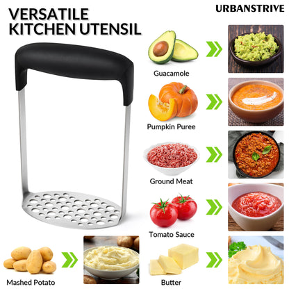 Urbanstrive Smooth Mash Potato Masher Stainless Steel, Durable Mashed Potatoes Masher Kitchen Tool, Easy-to-Clean, Soft Non-slip Handle, Kitchen Utensils, Kitchen Gadgets, Black