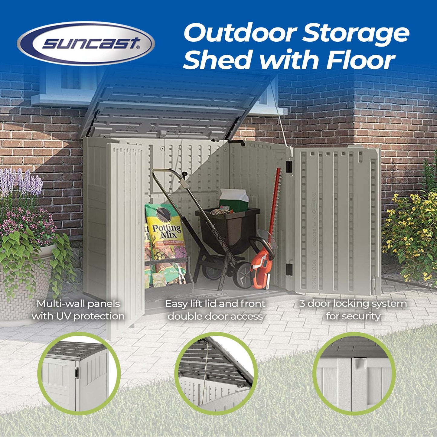 Suncast Horizontal 34 Cubic Feet Plastic Outdoor Storage Shed with Floor and 3 Door Locking System for Backyard, Garage, or Patio Use, Ivory