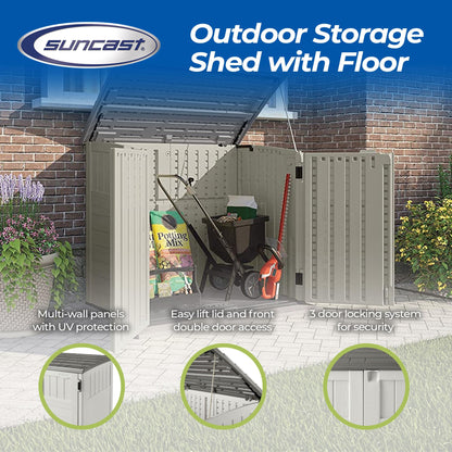 Suncast Horizontal 34 Cubic Feet Plastic Outdoor Storage Shed with Floor and 3 Door Locking System for Backyard, Garage, or Patio Use, Ivory