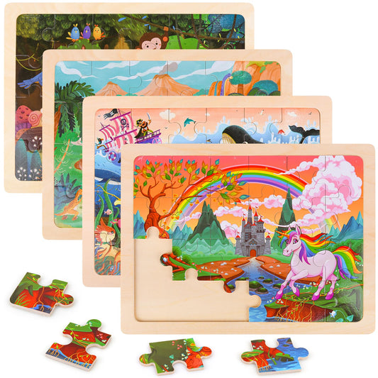 4 Packs Wooden Puzzles for Kids Ages 3-6 Toddler 4 in 1 Jigsaw Puzzles 24 PCS Preschool Learning Educational Brain Teaser Boards Toys Children Gifts for 3 4 5 6 Year Old Boys Girls