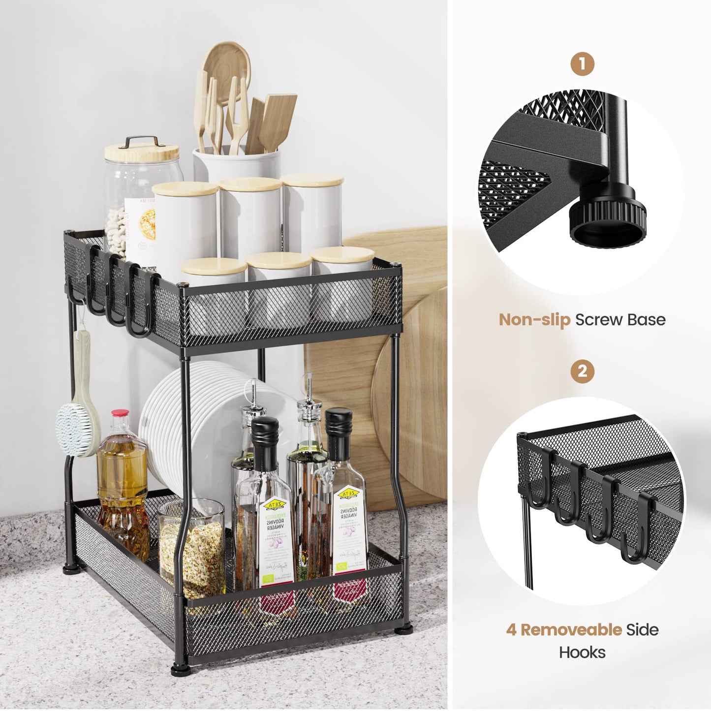 Under Sink Organizer and Storage, PHINOX Bathroom Organizer Under Sink-2 PACK, 2 Tier Under Kitchen Sink Organizer, Metal Cabinet Storage Organizer
