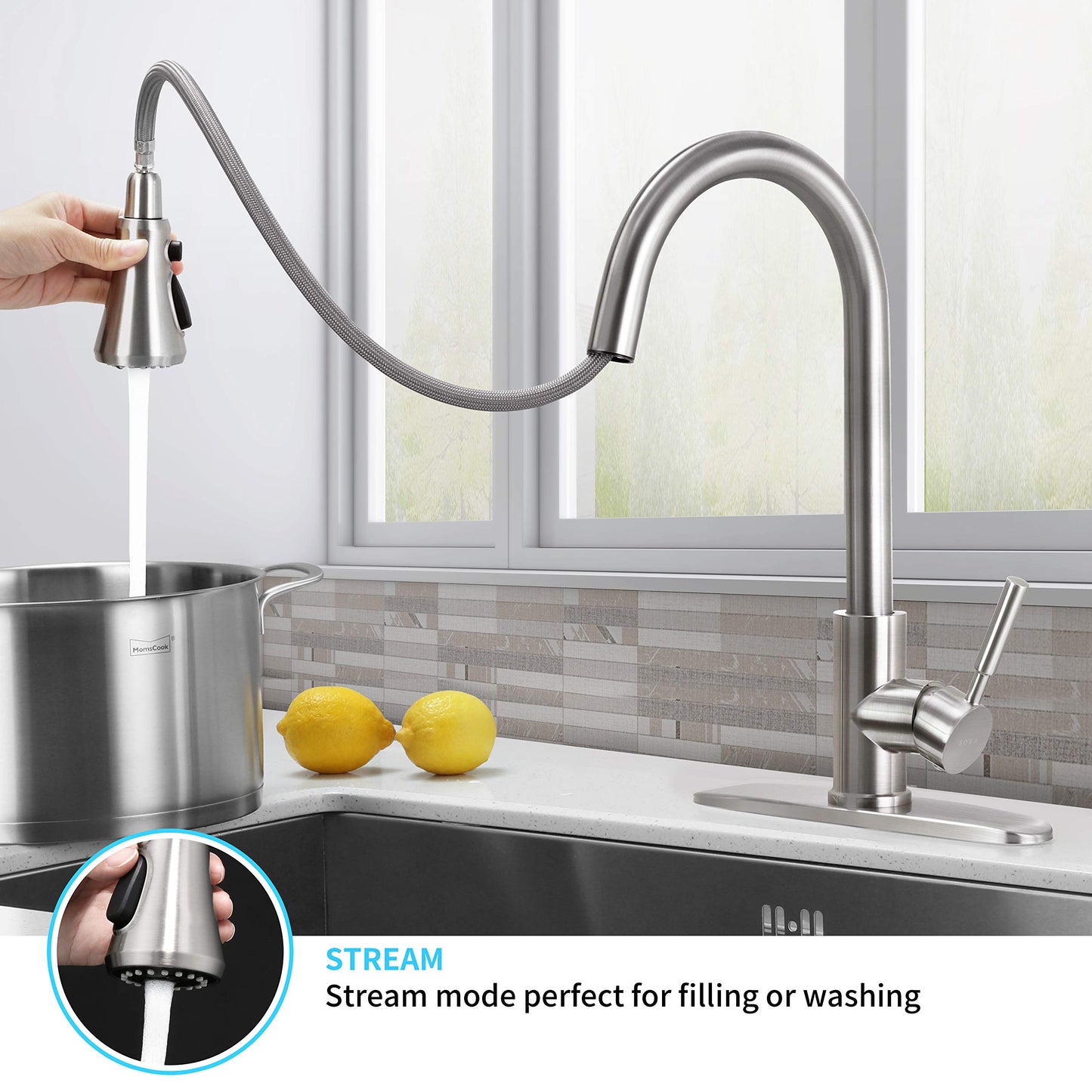 SOKA Commercial Kitchen Faucet with Pull Down Sprayer RV Touch Faucet for Kitchen Sink Singel Handle Travel Trailer Brushed Nickel Kitchen Faucet High Arc Fit for 1 & 3 Hole with Desk Plate