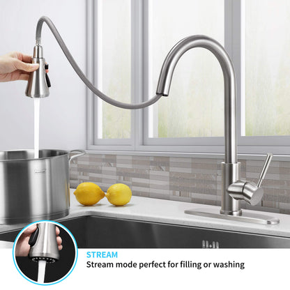 SOKA Commercial Kitchen Faucet with Pull Down Sprayer RV Touch Faucet for Kitchen Sink Singel Handle Travel Trailer Brushed Nickel Kitchen Faucet High Arc Fit for 1 & 3 Hole with Desk Plate