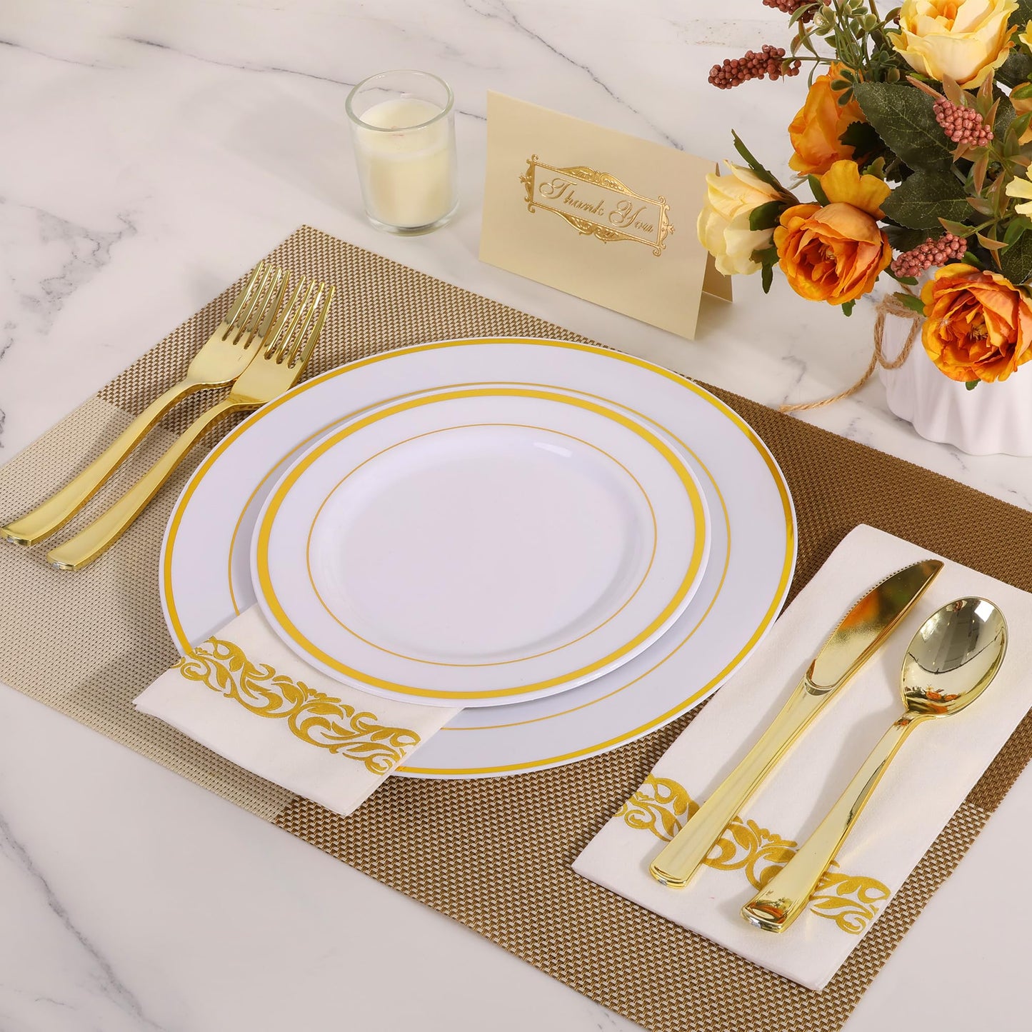Oridom 350 Pieces Gold Disposable Plates Set for 50 Guests, Gold Rim Plastic Plates for Party, Include 50 Dinner Plates, 50 Dessert Plates, 50 Paper Napkins, 50 Cups, 50 Gold Silverware Set