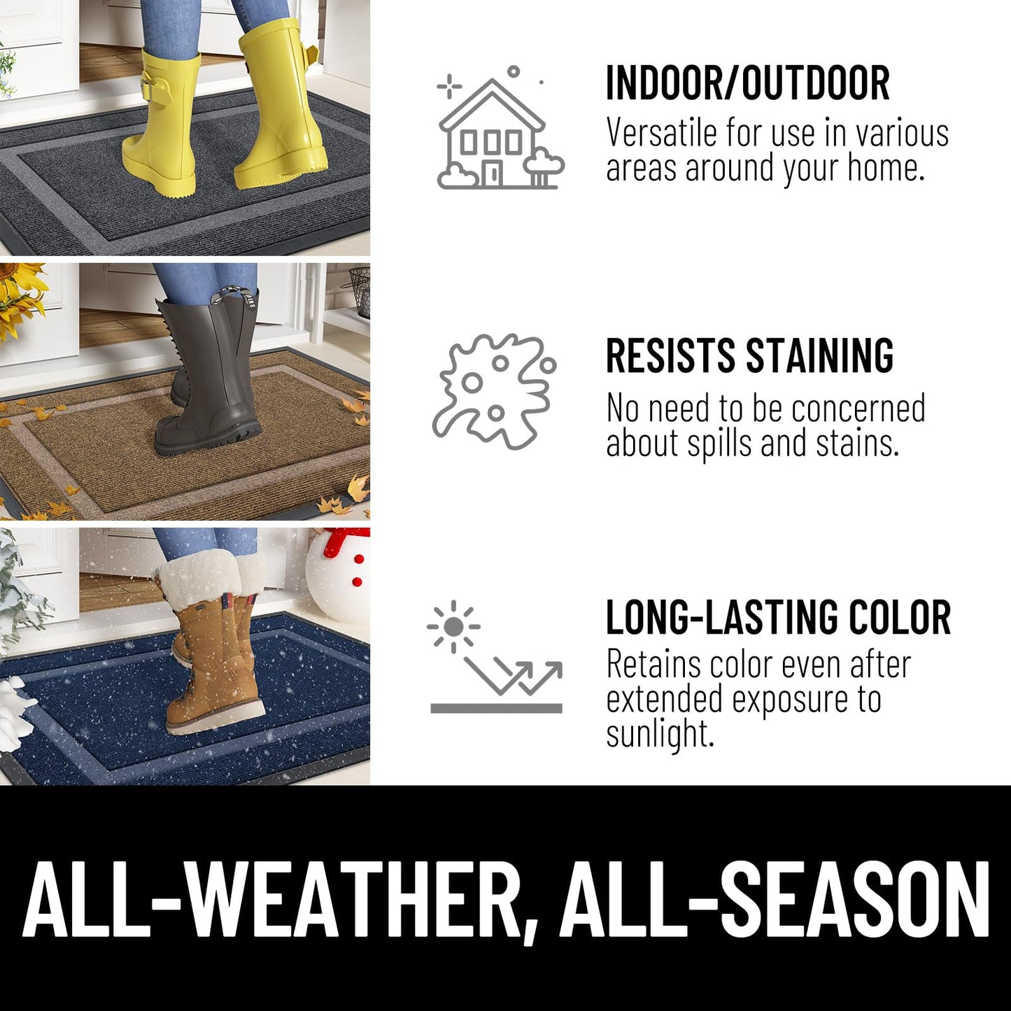 OLANLY Front Door Mat Indoor Outdoor Entrance, Waterproof All-Season, All-Weather Doormat, Durable Natural Rubber, Fade Resistant, Low Profile, Easy Clean Patio Porch Entryway Mat, 29.5x17, Black