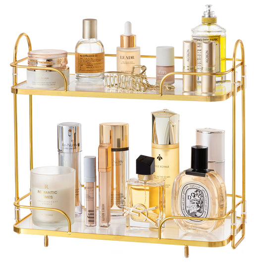HBlife Bathroom Countertop Organizer 2 Tier Makeup Organizer Luxury Perfume Tray Skincare Storage Cosmetic Organizer Bathroom Counter Shelf for Bathroom, Gold