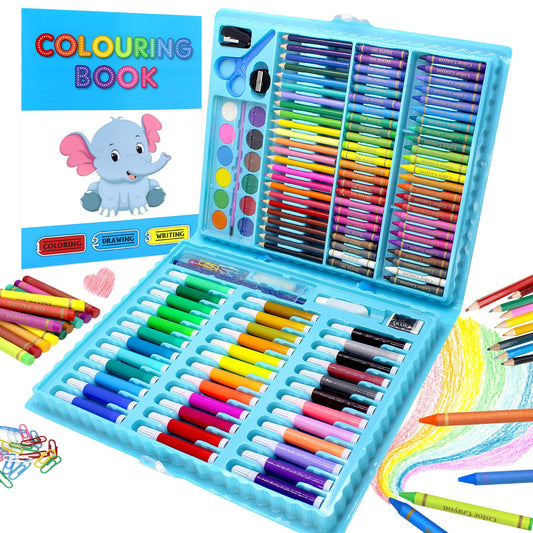 150 PCS Art Supplies Drawing Painting Art for Kids Girls Boys Teens, Art Set Case Includes Oil Pastels, Crayons, Colored Pencils, Watercolor Cakes for Christmas Gifts (Blue)