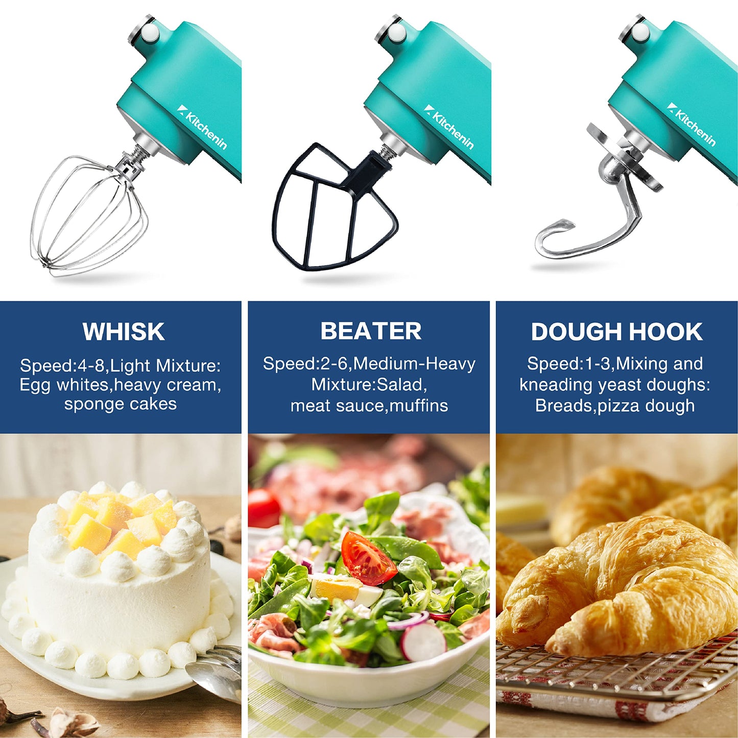 All Metal Stand Mixer,Kitchenin 5.3-Quart 8-Speeds Tilt-Head Food Mixer,400 Watt DC Motor Electric Stand Mixer with 12-Wire Whip,Flat Beater,Stainless Steel Dough Hook & Pouring Shield,Light Blue