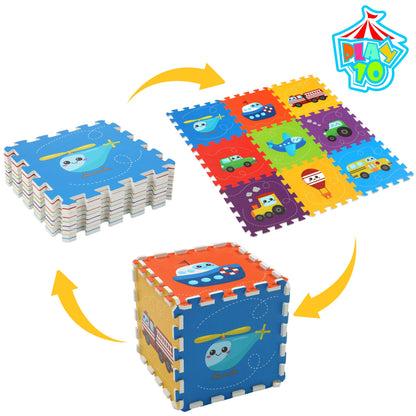 PLAY 10 Baby Play Mat, Foam Playmat for Babies, Kids Play Mat Foam Floor Tiles 34×34 9 Pieces Vehicle Puzzle Mat
