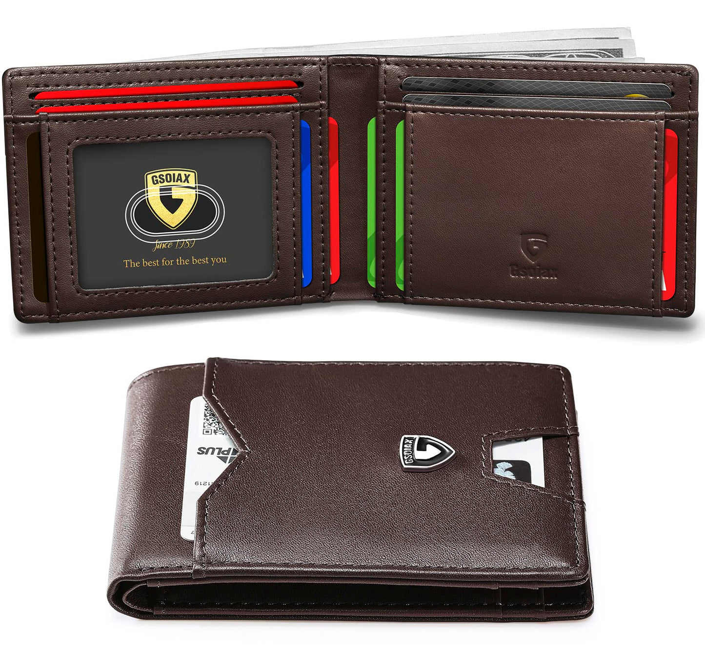 GSOIAX Mens Slim Wallet for Men Minimalist Genuine Leather Carbon Fiber Rfid Blocking Bifold Credit Card Holder With Gift Box (Leather Coffee)