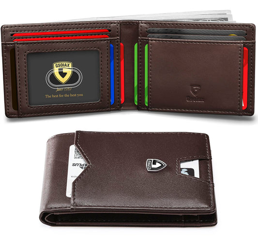 GSOIAX Mens Slim Wallet for Men Minimalist Genuine Leather Carbon Fiber Rfid Blocking Bifold Credit Card Holder With Gift Box (Leather Coffee)