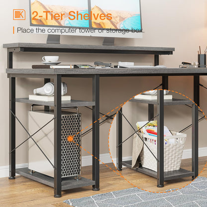 ODK L Shaped Desk with Monitor Stand, 54 Inch Home Office Desks with Storage Printer Shelves, Reversible Corner Gaming Desk with Bookshelf for Bedroom, Grey Oak