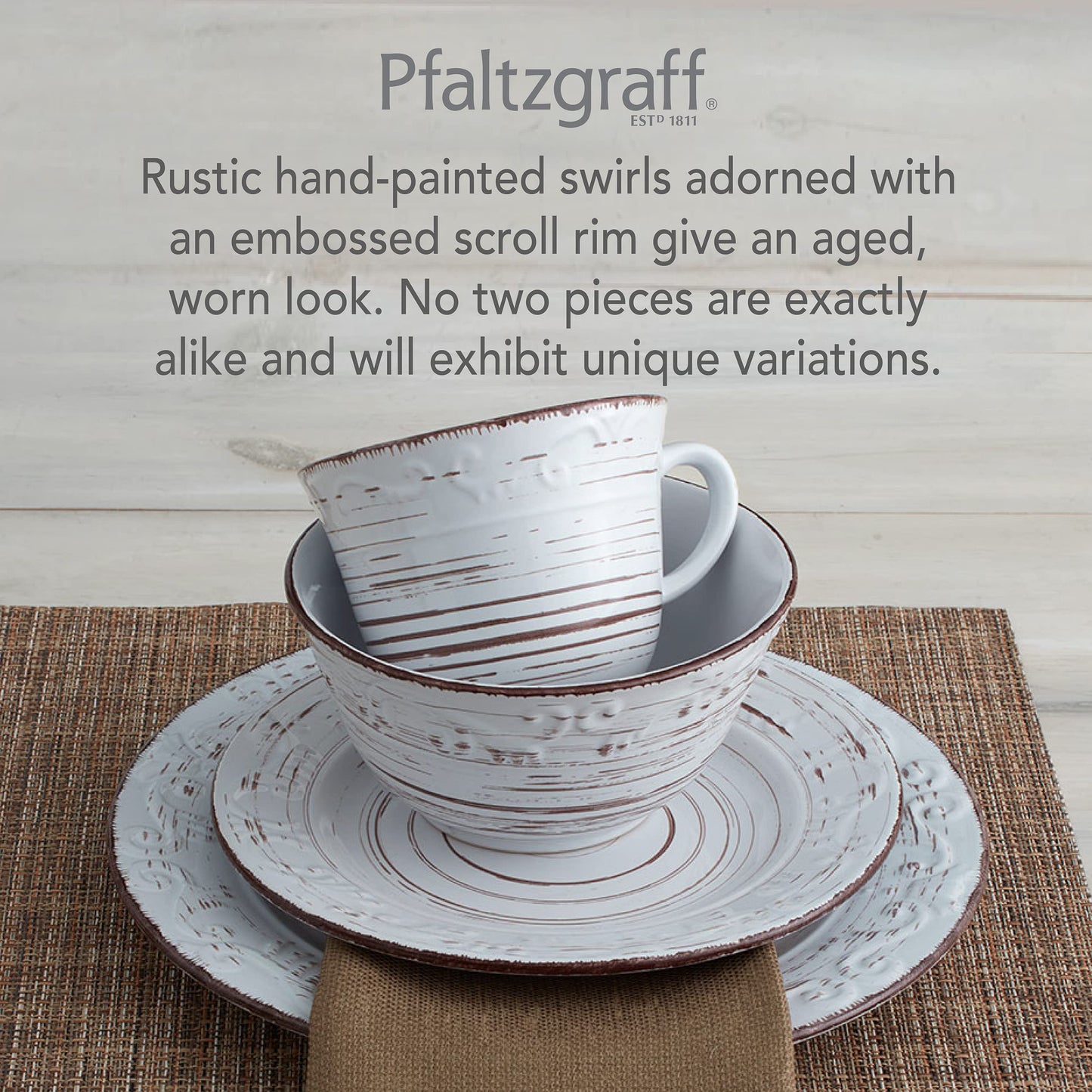 Pfaltzgraff Trellis White 16-Piece Dinnerware Set, Service for 4, Distressed White