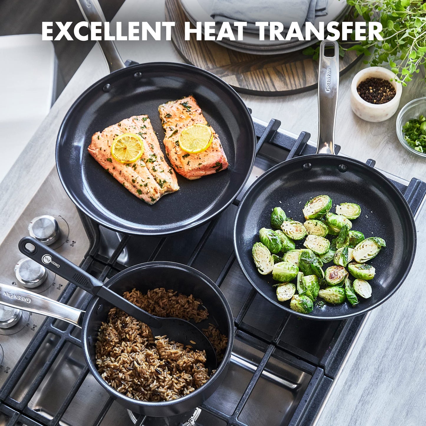 GreenPan Chatham Prime Midnight Hard Anodized Healthy Ceramic Nonstick, 5 Piece Cookware Pots and Pans Set, Mixed Cooking Utensils, Stainless Steel Handles, PFAS-Free, Dishwasher Safe Oven Safe, Black