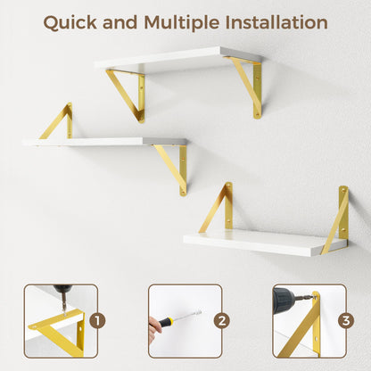 Floating Shelves Wall Mounted Set of 3, Rustic Wall Shelves for Home Decor, Floating Wood Shelf for Books, Plants, Pictures, Storage Wall Shelf for Bathroom,Kitchen,Living Room (White and Gold)