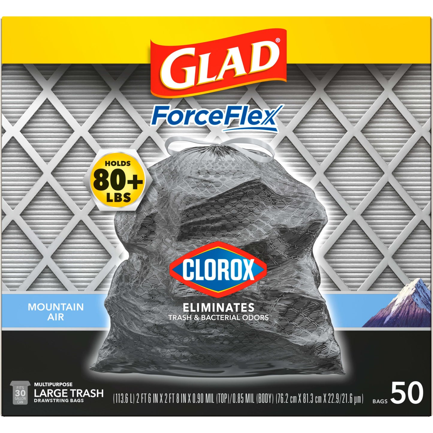 Glad Large Drawstring Trash Bags, ForceFlex with Clorox, 30 Gallon, Mountain Air, 50 Count