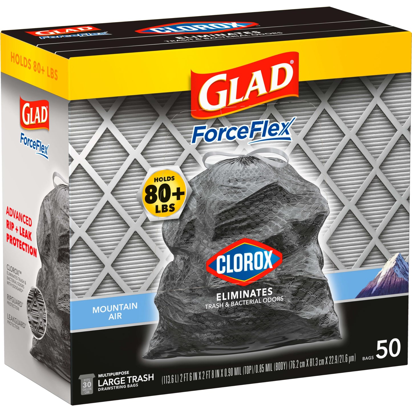 Glad Large Drawstring Trash Bags, ForceFlex with Clorox, 30 Gallon, Mountain Air, 50 Count