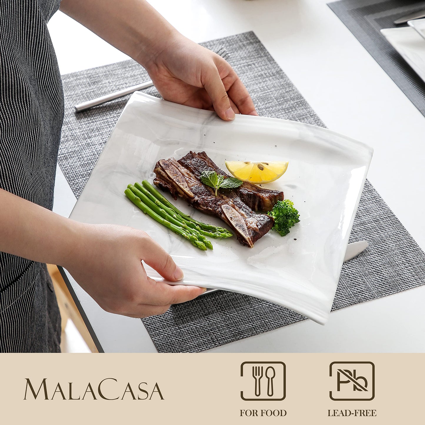 MALACASA Square Plate Set, 12-Piece Marble Plates and Bowls Sets for 6, Porcelain Dish Set with Dinner Plates and Pasta Bowls, Modern Dinnerware Sets, Kitchen Plate Bowl Set, Series Flora