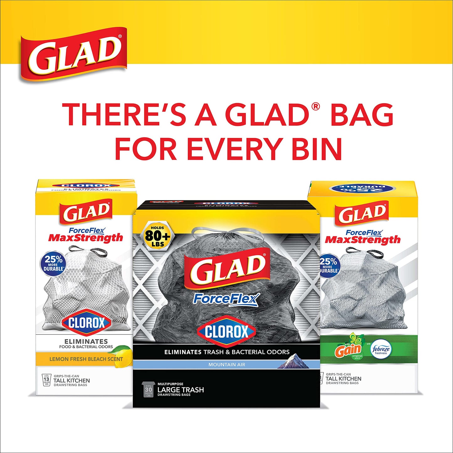 Glad Large Drawstring Trash Bags, ForceFlex with Clorox, 30 Gallon, Mountain Air, 50 Count